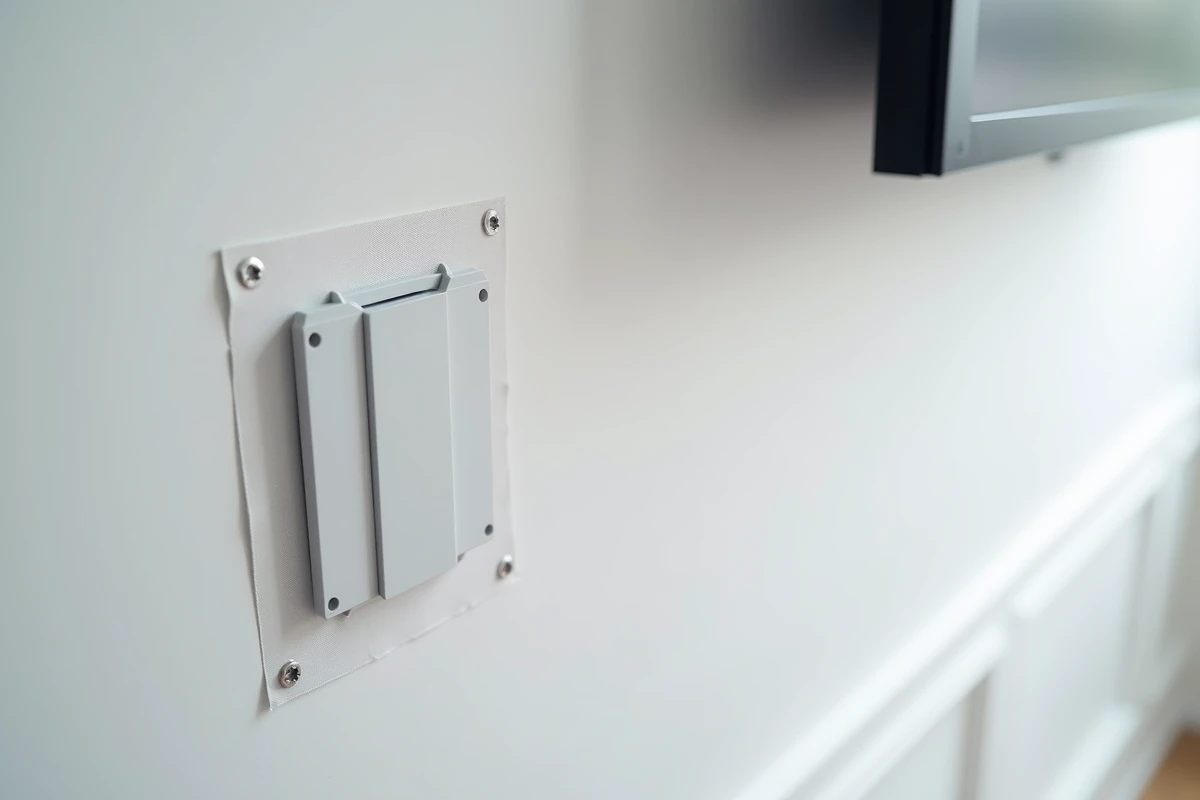Détail d'un système de fixation TV sans perçage avec bandes adhésives sur mur blanc dans une location