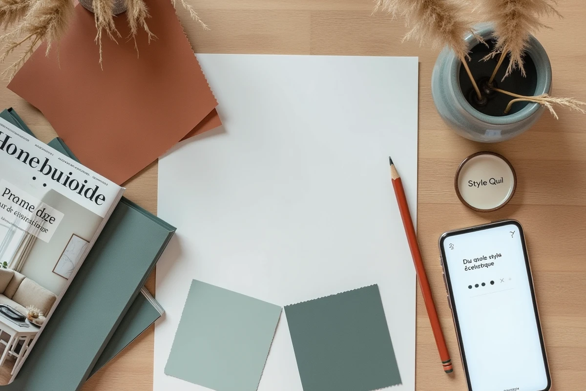 Flat lay de magazines de décoration, nuanciers de couleurs et smartphone affichant un résultat de quiz de style intérieur sur une table en chêne blanc