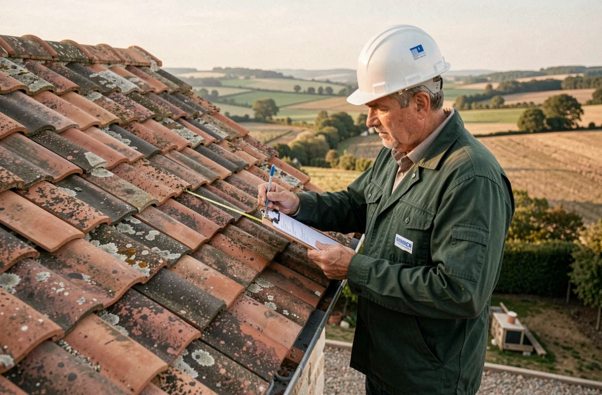 Entrepreneur de Gallois-portelli inspectant une toiture en tuiles rénovée sur une maison traditionnelle dans la Marne