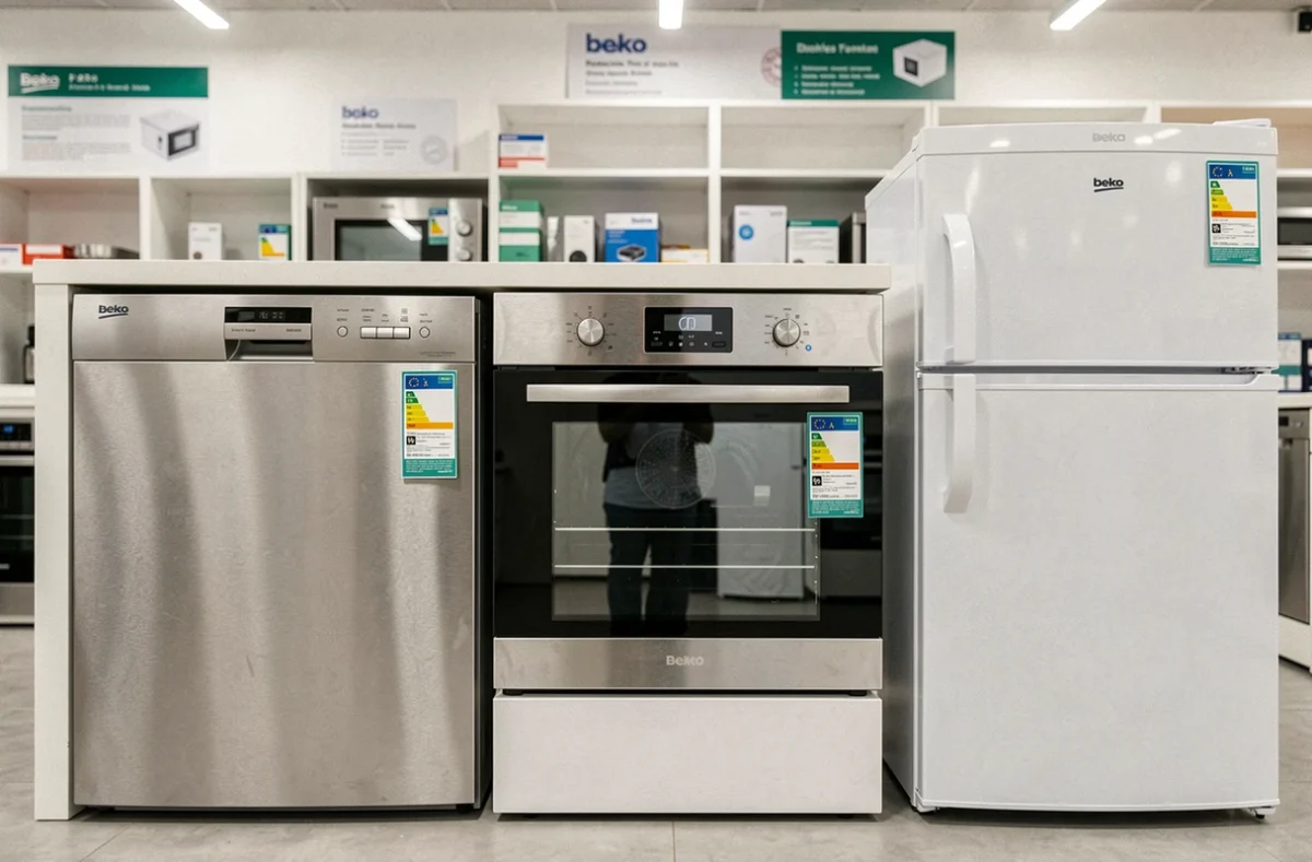 Gamme d'appareils électroménagers Beko économes en énergie exposés en showroom