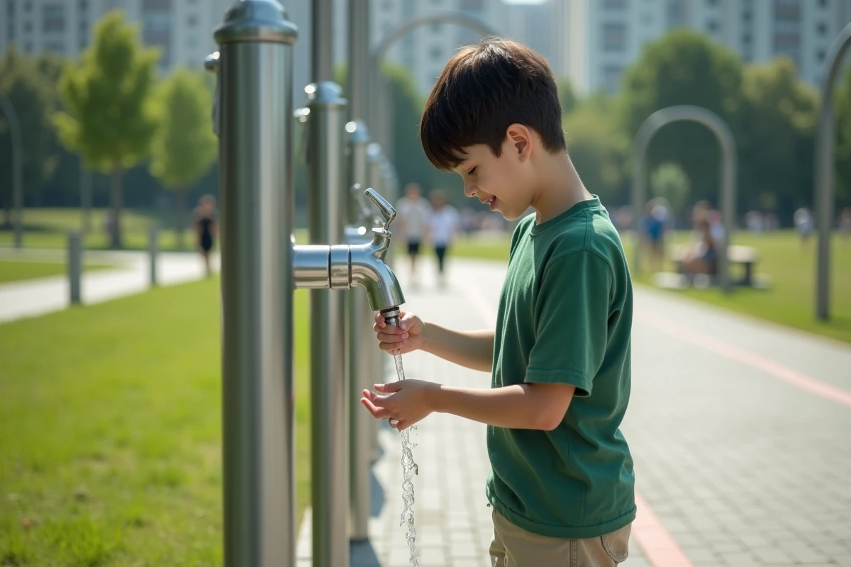 Adolescent buvant &agrave; une fontaine dans un parc urbain