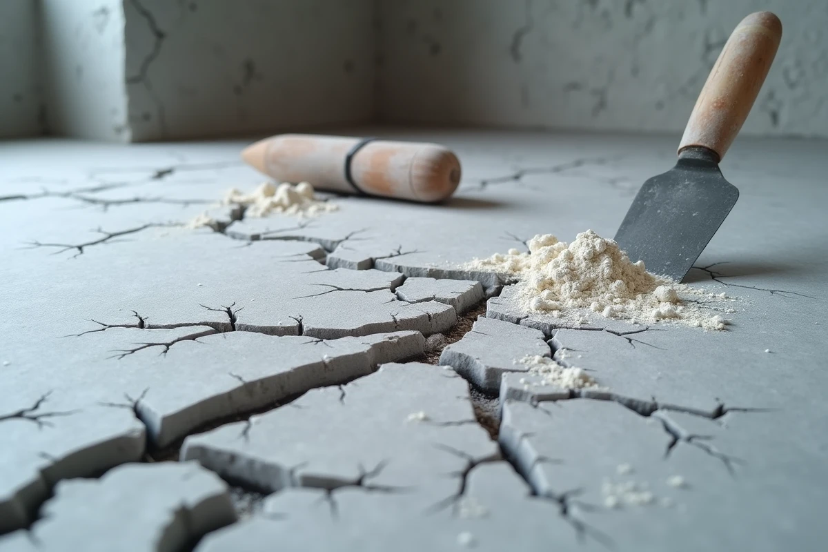 Gros plan sur des fissures ramifiées dans une chape ciment avec résidu de poudre blanche et truelle
