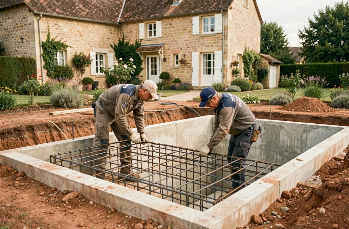 Équipe du Groupe ABH en train de construire une piscine enterrée avec armature en acier dans un jardin du Centre-Val de Loire