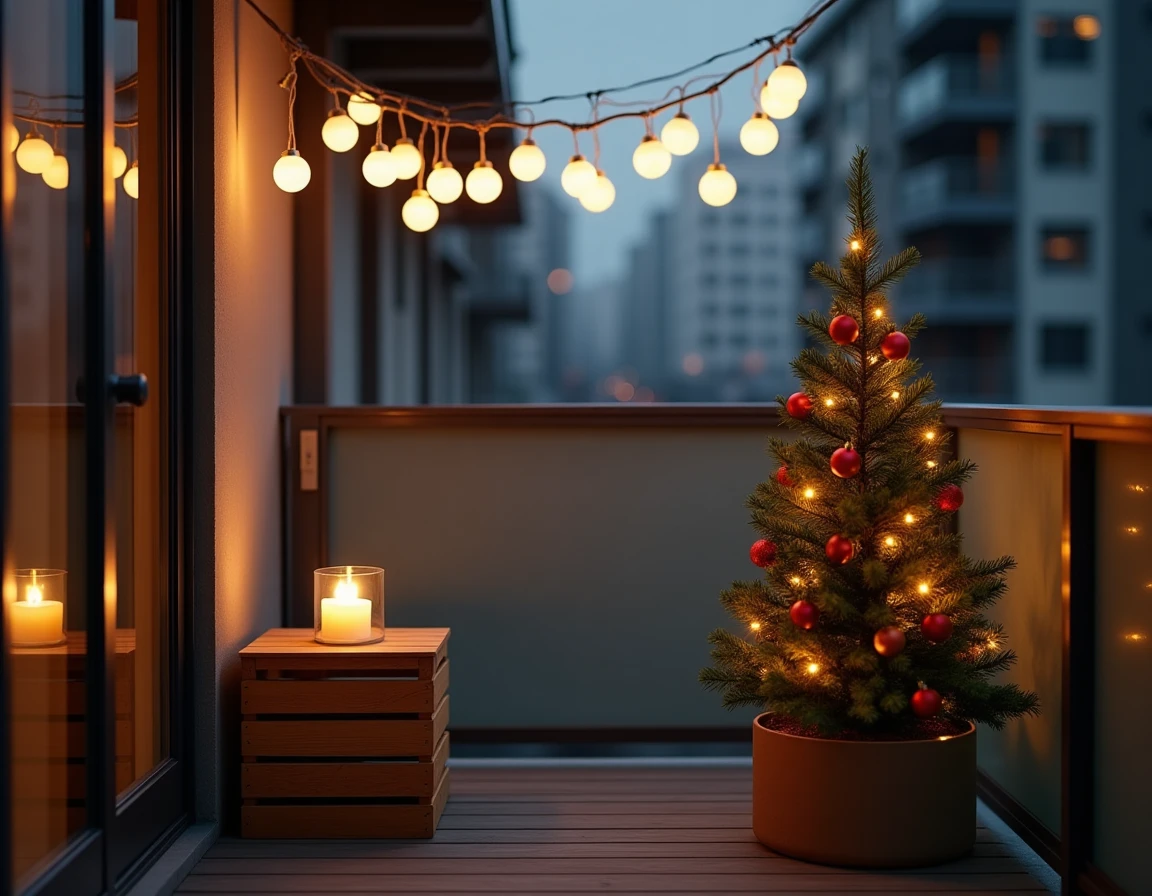 Balcon moderne de nuit décoré avec guirlandes globe solaires en baldaquin et petit sapin de Noël illuminé