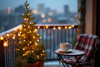 Balcon urbain décoré de guirlandes lumineuses blanches pour Noël avec sapin en pot et vue sur la ville
