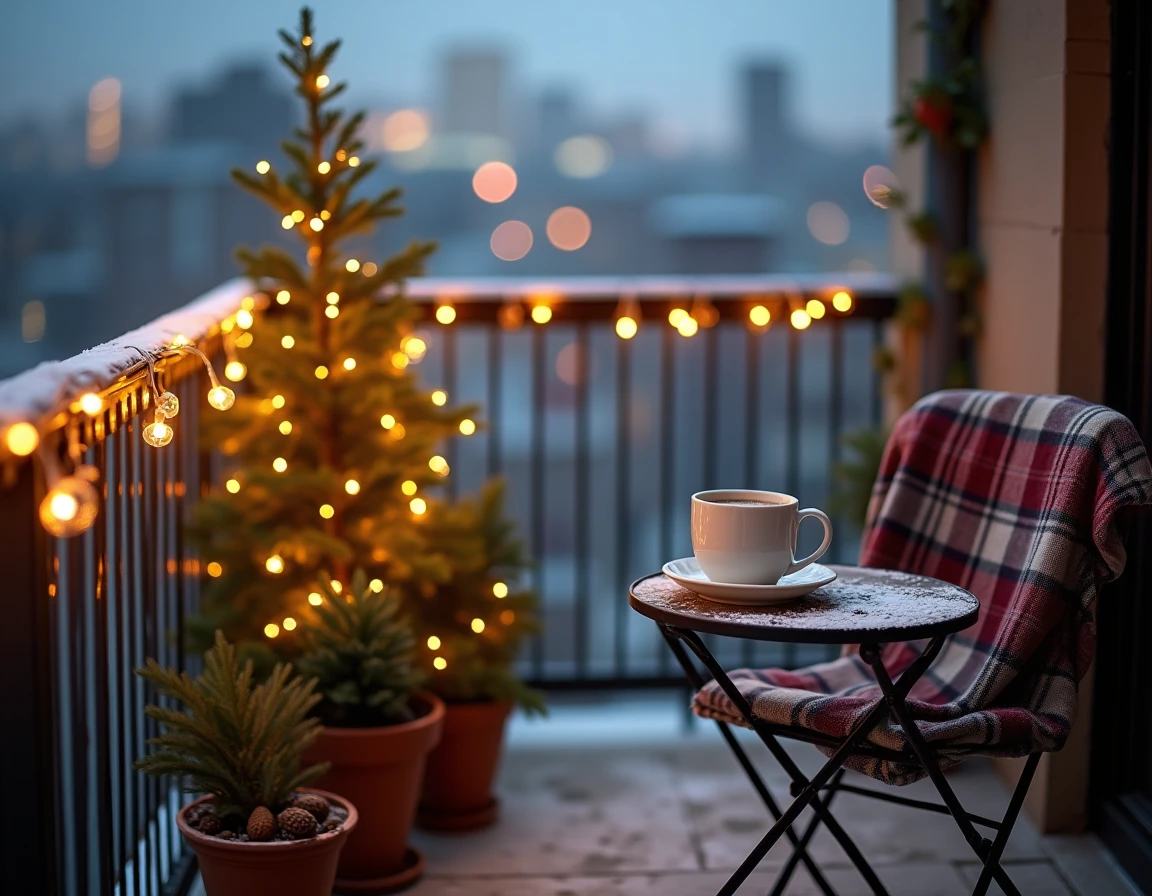 Balcon urbain décoré de guirlandes lumineuses blanches pour Noël avec sapin en pot et vue sur la ville