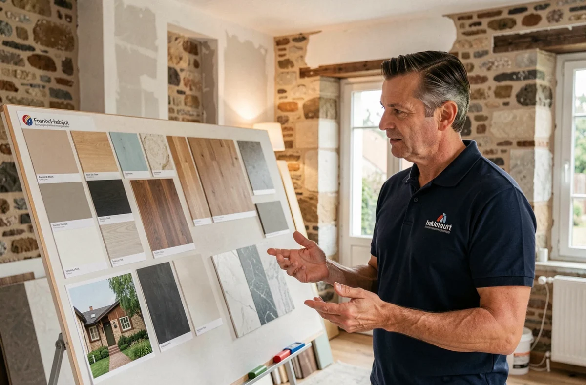 Conseiller d'Habitat Concept Marne présentant des échantillons de rénovation à une propriétaire dans la Marne