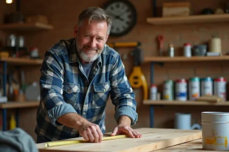 Homme mesurant un bois dans son atelier organisé