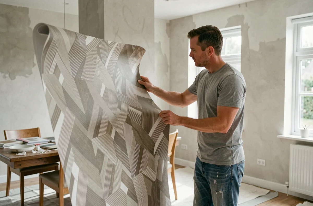 Homme choisissant un papier peint géométrique pour une salle à manger en cours de rénovation dans un magasin 4 Murs