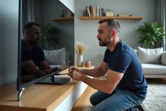 Homme connectant un câble coaxial à une télévision moderne