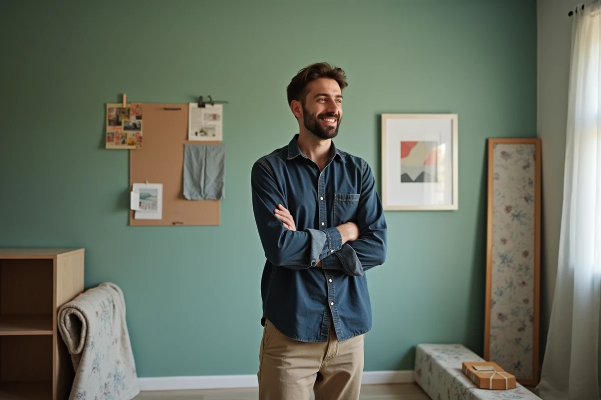Homme debout dans un appartement en cours de décoration comparant deux cadres contre un mur vert sauge avec un tableau d'inspiration derrière lui