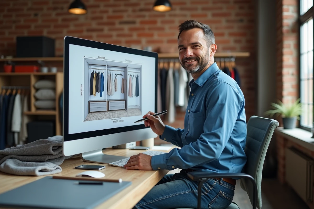Homme esquissant un plan de dressing en studio cr&eacute;atif