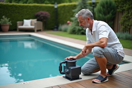 Homme examine filtre piscine moderne en extérieur