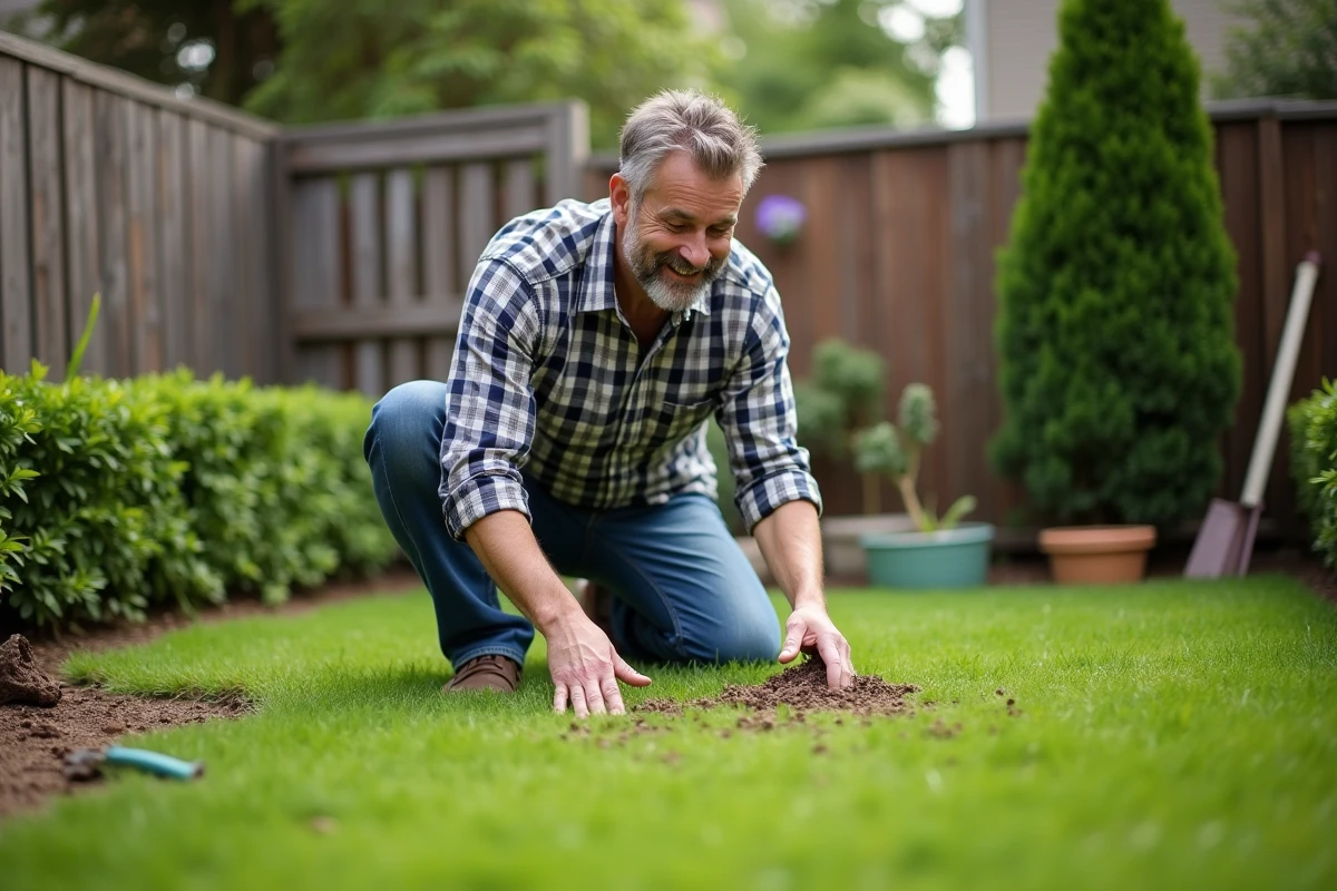 Homme d'âge moyen en jeans et chemise à carreaux jardinant