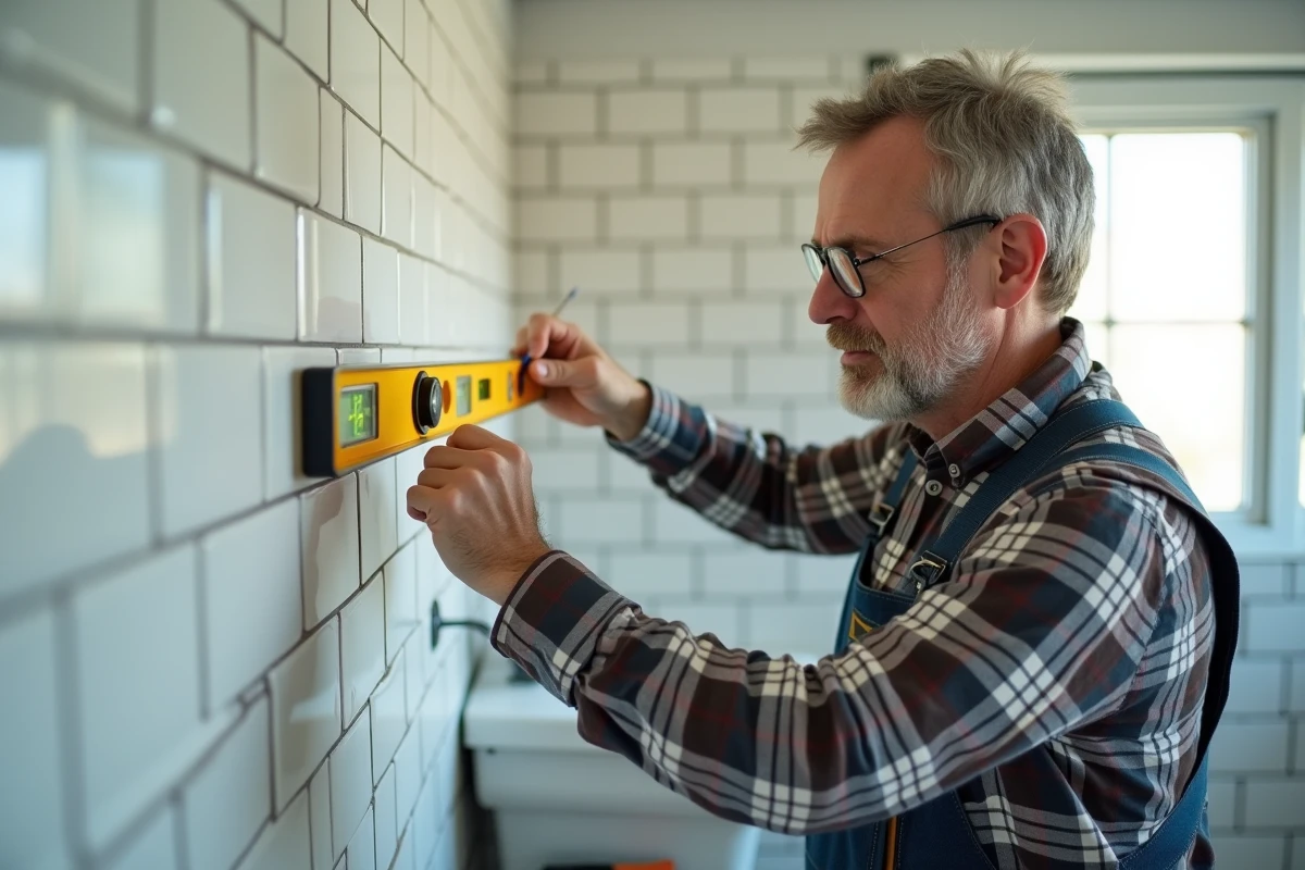 Homme en overalls mesurant un mur de salle de bain