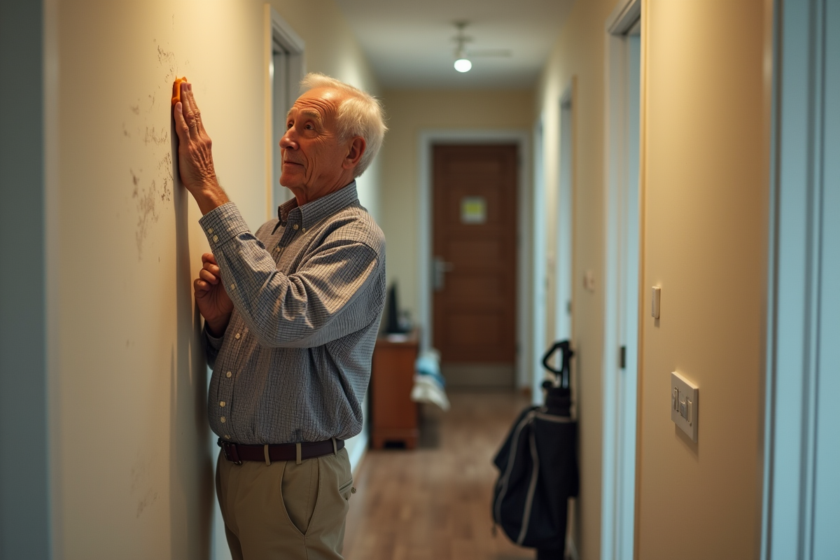 Homme âgé nettoyant une marque sur un mur dans un couloir