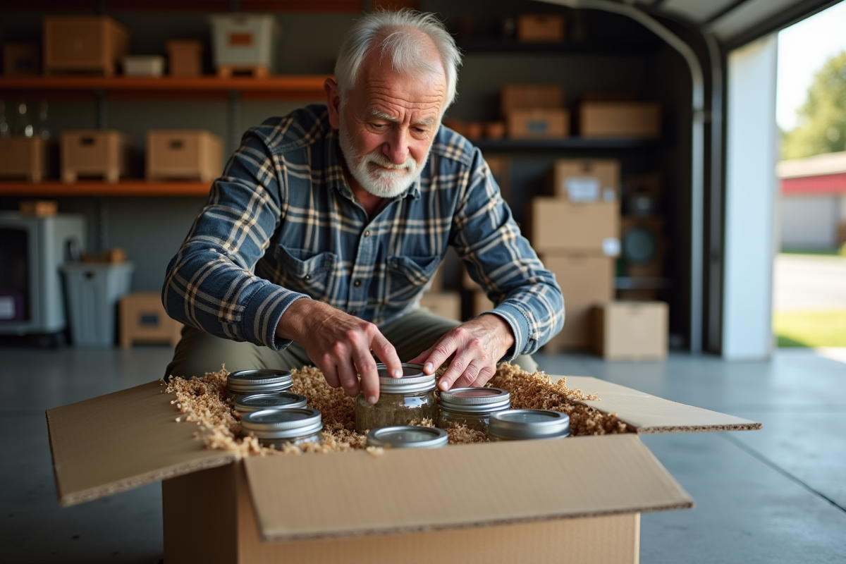 Homme âgé organisant des conserves dans un garage