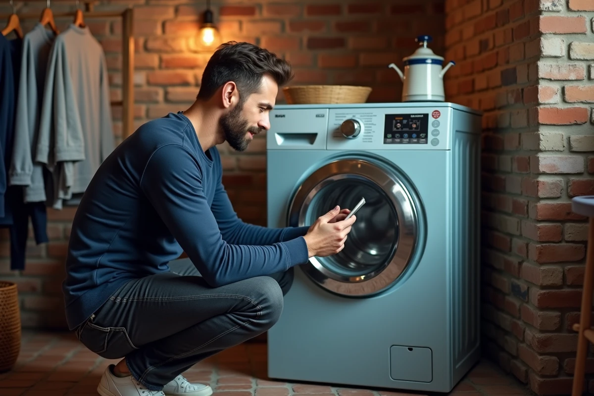 Homme comparant les symboles de lavage sur son smartphone avec les réglages d'un lave-linge dans une buanderie vintage en briques