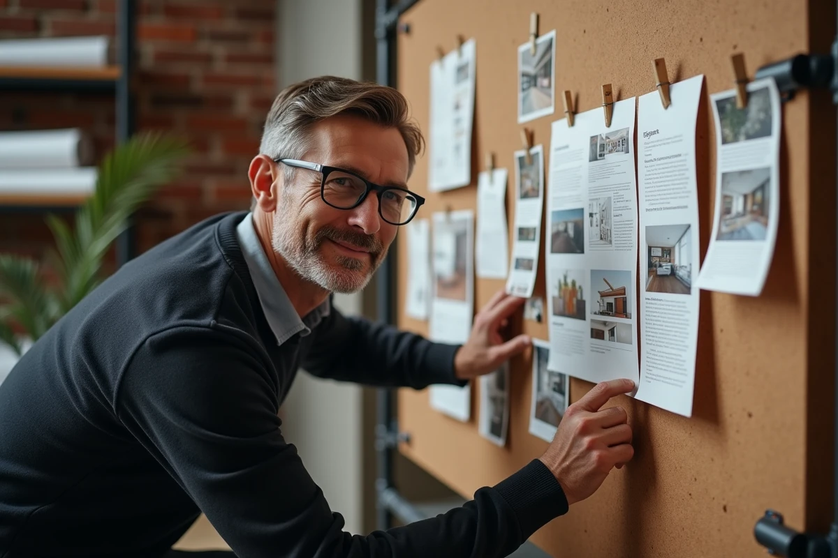 Homme organisant un tableau d'inspiration avec des articles du blog Stootie Media imprimés et des échantillons de matériaux pour un projet de décoration intérieure