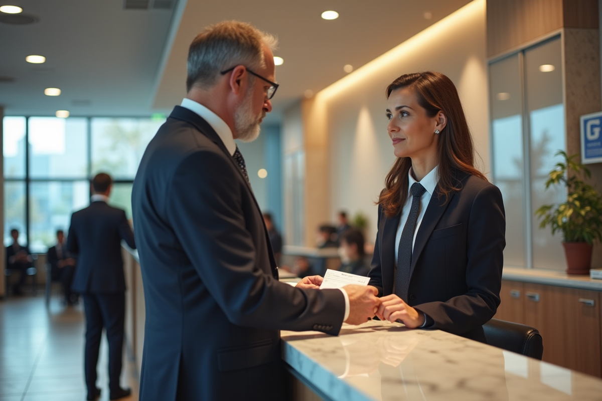 Homme remettant un chèque à une caissière dans une banque moderne