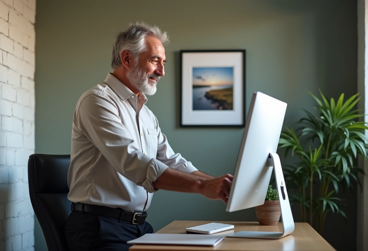 Homme réglant son moniteur sur un bureau à la maison