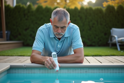 Homme d'âge moyen vérifiant la température d'une piscine extérieure