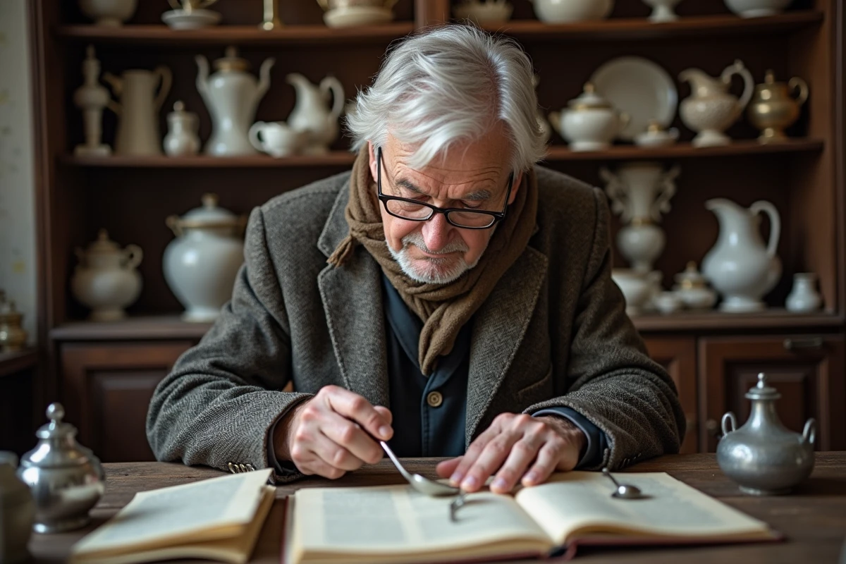 Homme âgé inspectant un ustensile en argent avec une loupe