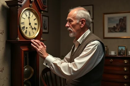 Homme &acirc;g&eacute; polissant une horloge comtoise ancienne dans un salon chaleureux