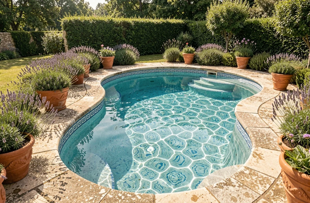 Piscine de style méditerranéen aux mosaïques bleu et blanc installée par Ibiza Piscines dans un jardin du Centre de la France