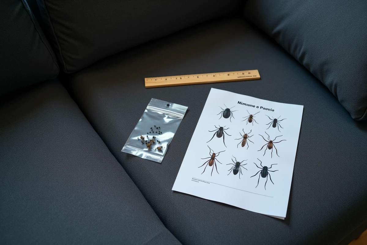 Vue aérienne d'un canapé avec insectes noirs identifiés et outils d'inspection posés sur le tissu