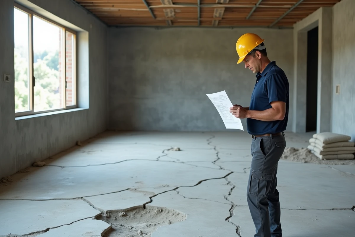 Ingénieur de chantier examinant une chape ciment fissurée dans un appartement en construction avec fiche technique