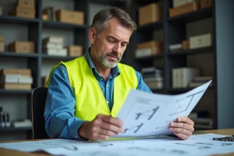 Ingénieur construction étudie un tableau IPN dans un bureau professionnel