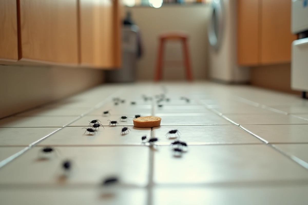 Insectes noirs marchant sur le sol de la cuisine propre