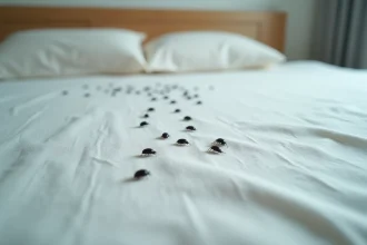Petits insectes noirs visibles sur un drap de lit blanc en lin, vue macro rapprochée