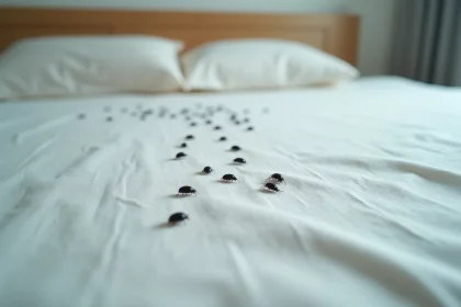 Petits insectes noirs visibles sur un drap de lit blanc en lin, vue macro rapprochée