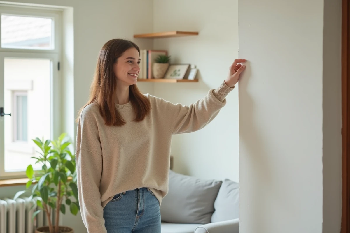 Jeune femme inspectant un mur sec dans son salon renové