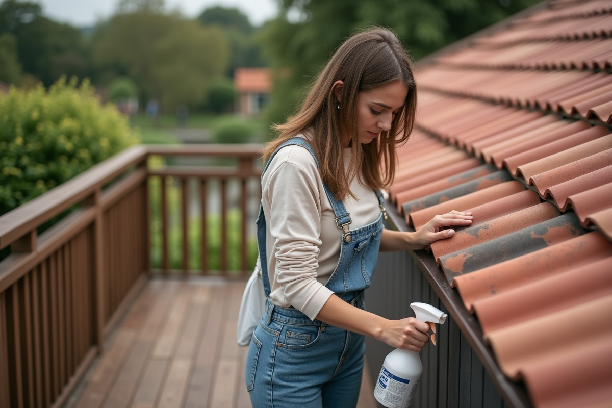 Jeune femme inspectant des tuiles de toit avec un spray