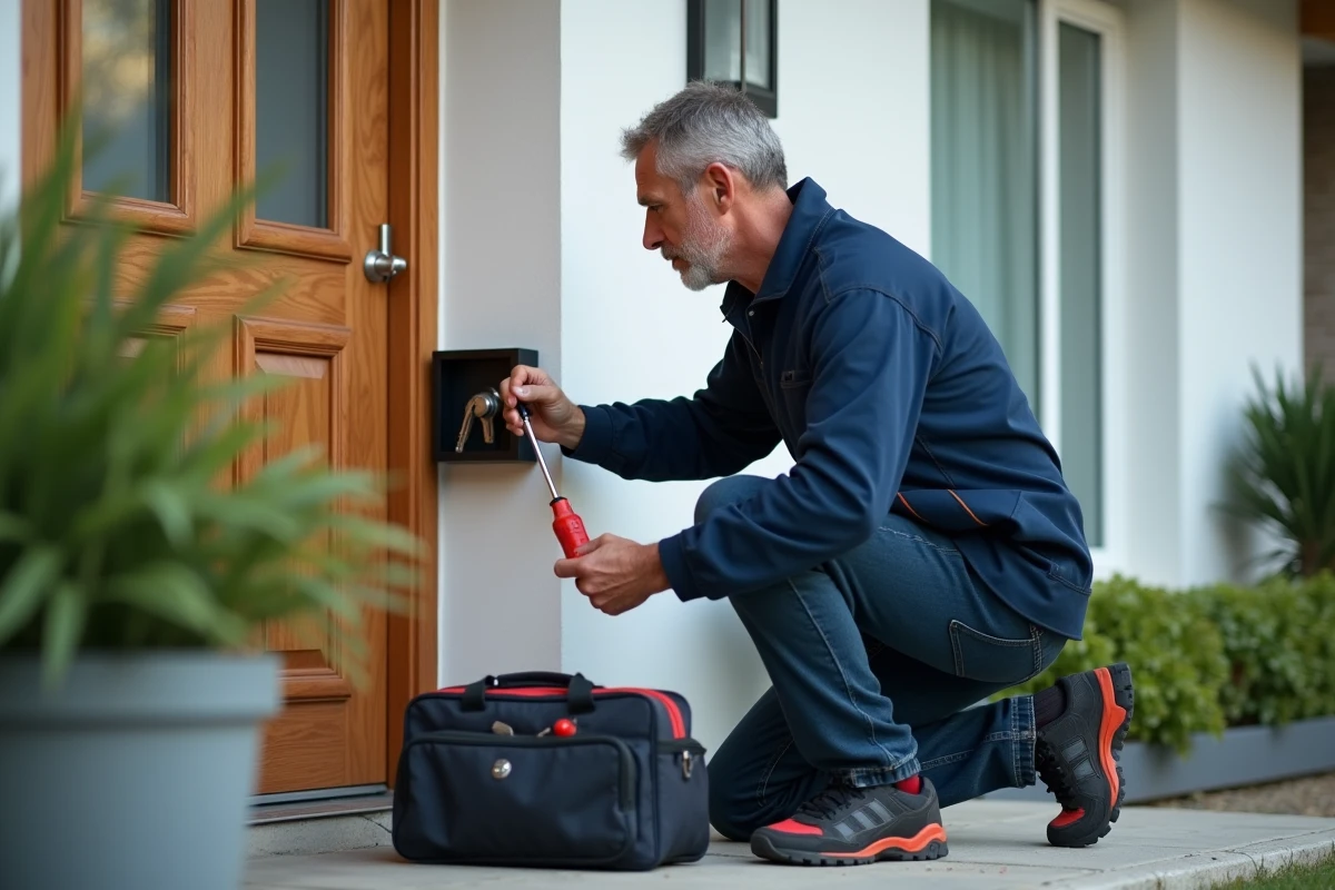 Technicien installant un coffre à clé sécurisé sur façade de maison individuelle près d'une porte d'entrée
