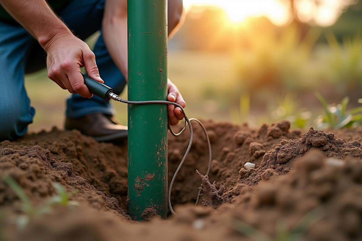 Technicien connectant des fils de terre dans un sol fraîchement creusé