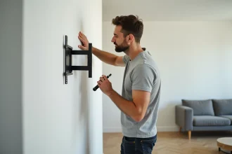 Homme installant un support TV mural réversible dans un appartement locatif sans percer le mur