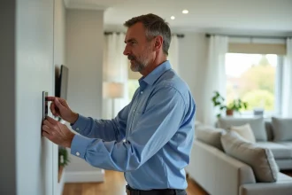 Homme installant un clavier de securite mural dans un salon moderne