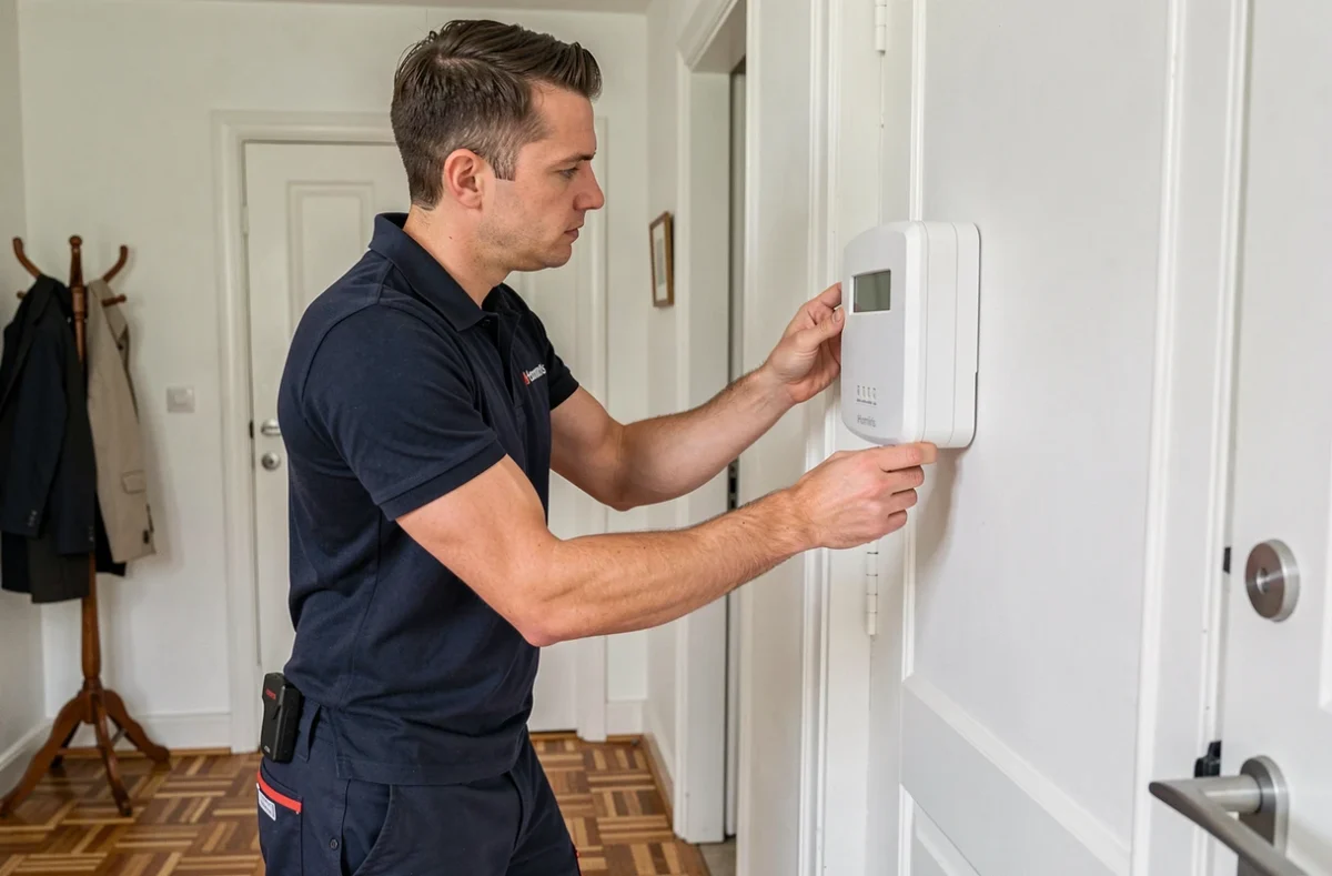 Technicien installant un système d'alarme Homiris dans une maison individuelle