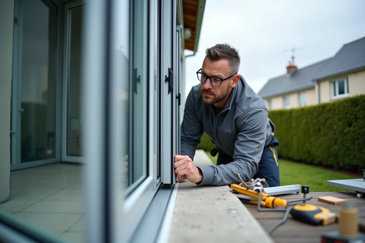 Technicien installant les profilés aluminium d'une véranda clé en main sur une maison en Bretagne