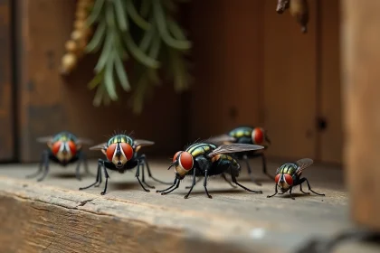 Gros plan de mouches domestiques posées sur le rebord d'une fenêtre en bois dans une vieille cuisine de ferme, symbolisant une invasion de mouches et sa signification spirituelle ou hygiénique
