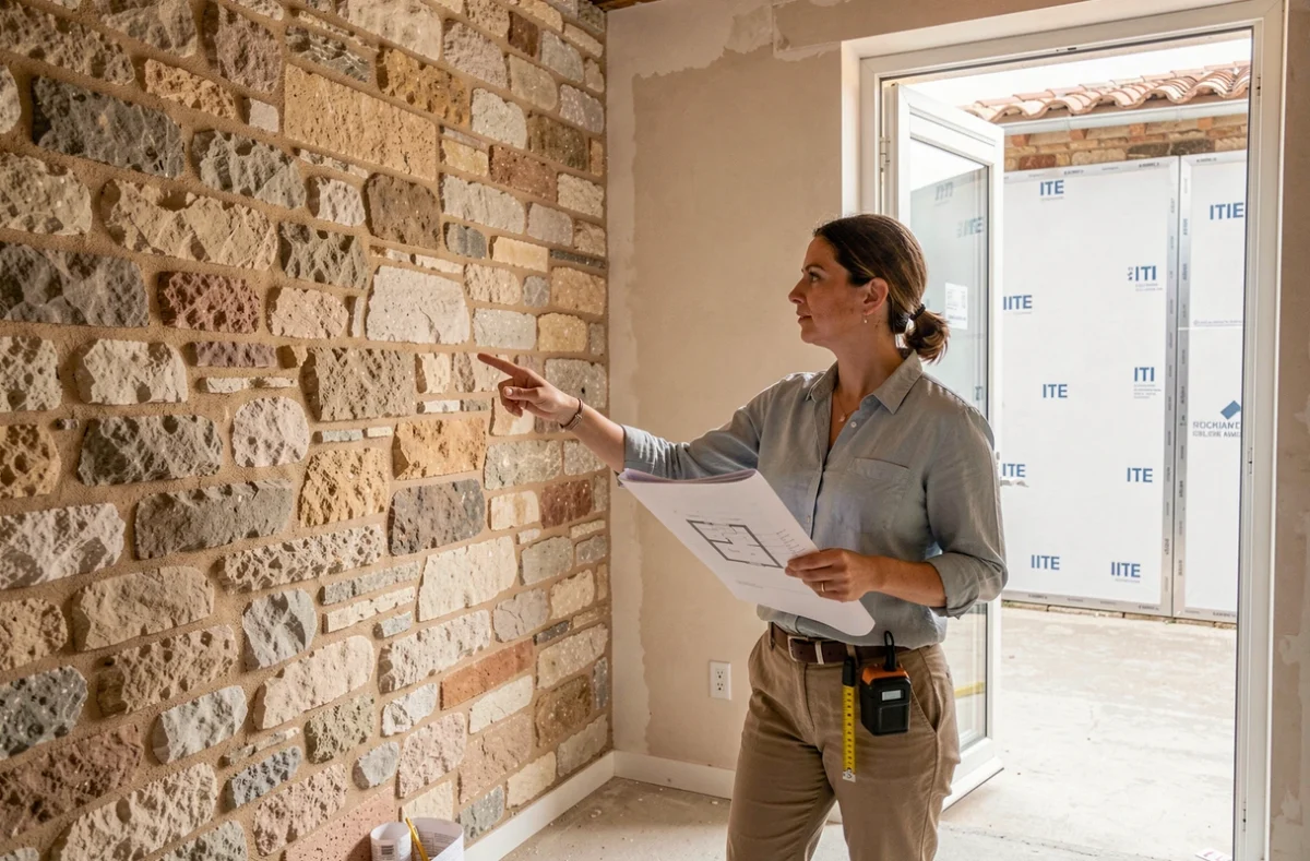 Consultante en rénovation présentant les différences entre isolation par l'intérieur et par l'extérieur dans un bâtiment occitan