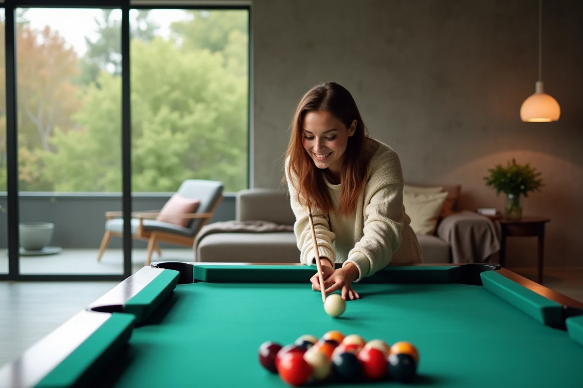 Jeune femme jouant au billard dans un espace contemporain