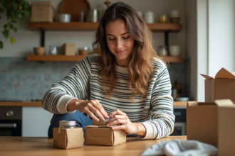 Jeune femme emballant des conserves dans une cuisine lumineuse