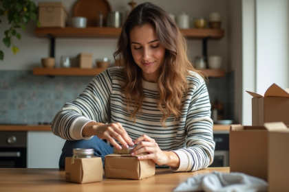Jeune femme emballant des conserves dans une cuisine lumineuse