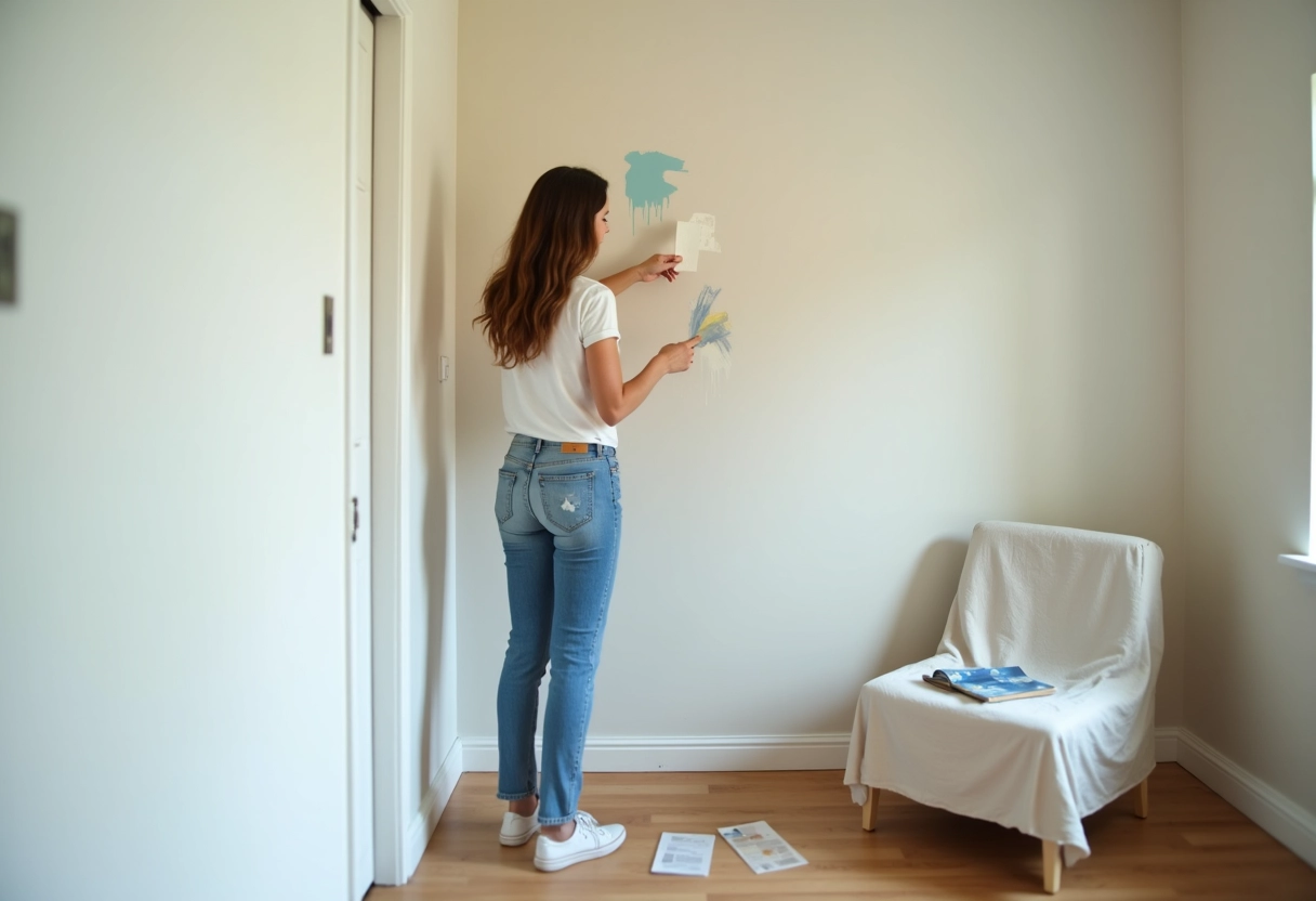 Jeune femme examinant des échantillons de peinture dans une chambre neuve