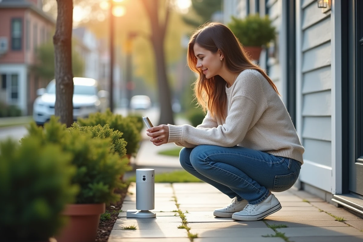Jeune femme ajustant une camera de securite sans fil devant sa porte